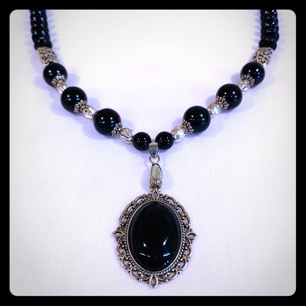 Chunky Silver Tone Vintage Black Beaded Necklace